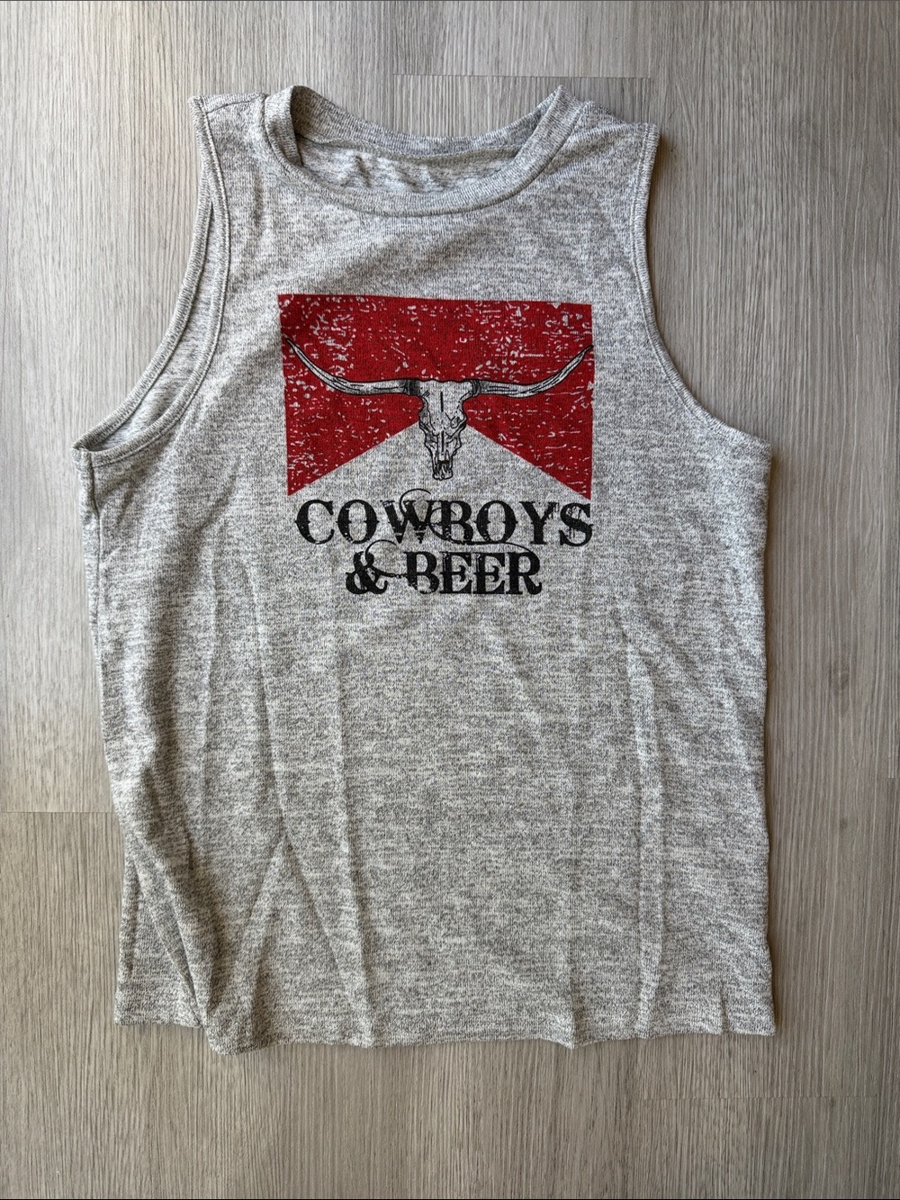 Cowboys & Beer Graphic Tank Top - Light Gray with Red Print